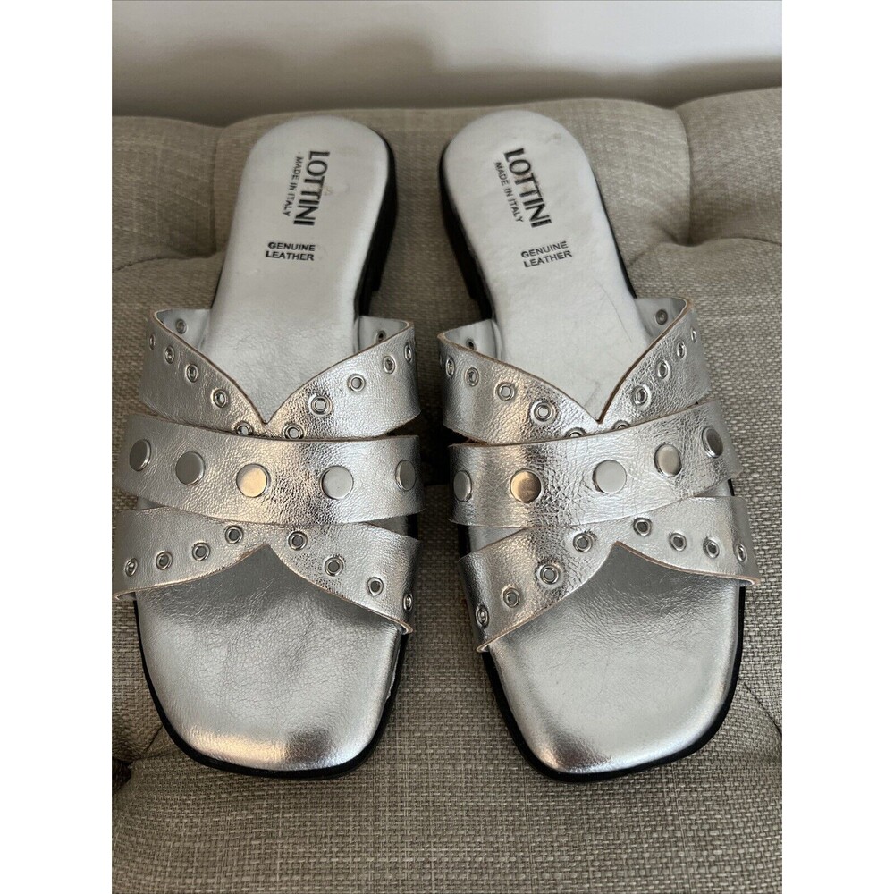 Lottini Metallic Silver Leather Slide Sandals Size 37